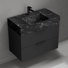Floating Black Bathroom Vanity, Modern, 32 inch, Black Marble Style Sink